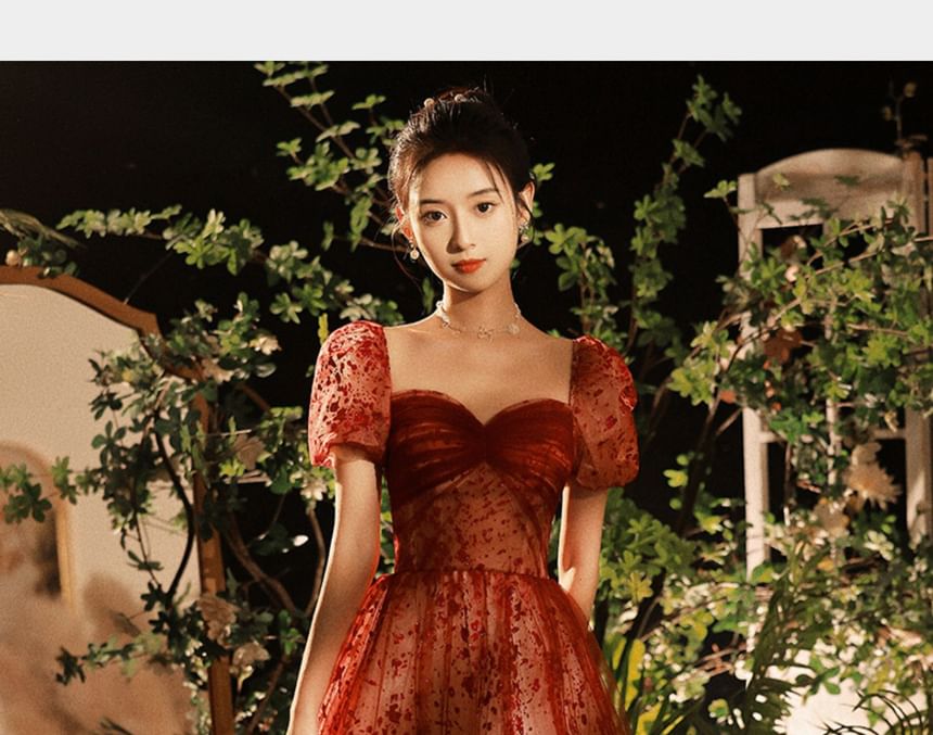 A-Line Gown Evening Puff-Sleeve Sequin Patterned