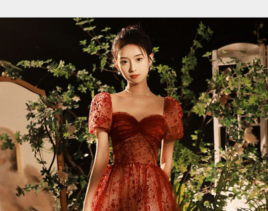 Puff-Sleeve Patterned Sequin A-Line Evening Gown