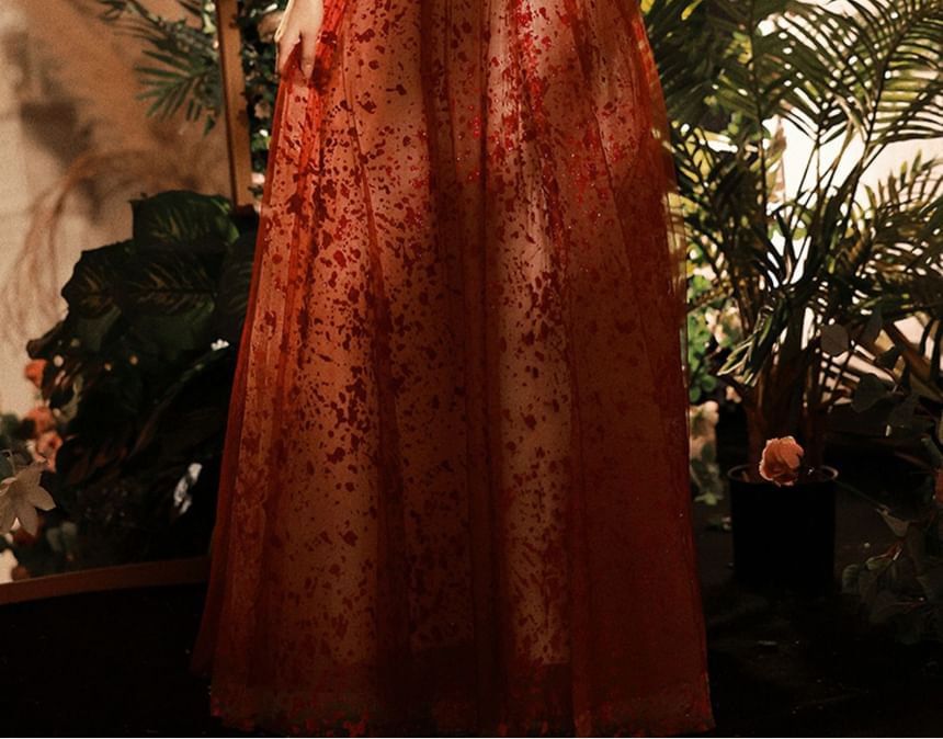 A-Line Gown Evening Puff-Sleeve Sequin Patterned