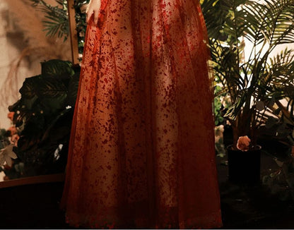 Puff-Sleeve Patterned Sequin A-Line Evening Gown