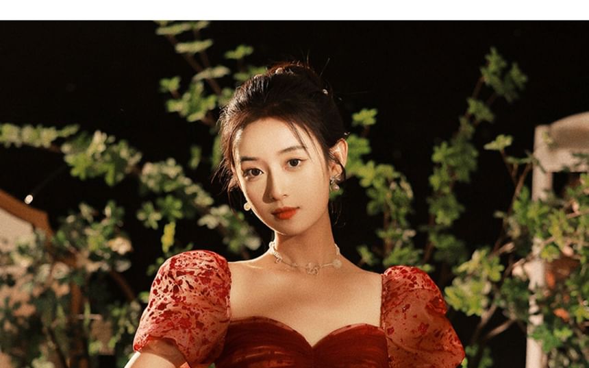 A-Line Gown Evening Puff-Sleeve Sequin Patterned