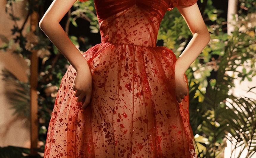 A-Line Gown Evening Puff-Sleeve Sequin Patterned