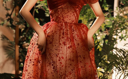 Puff-Sleeve Patterned Sequin A-Line Evening Gown