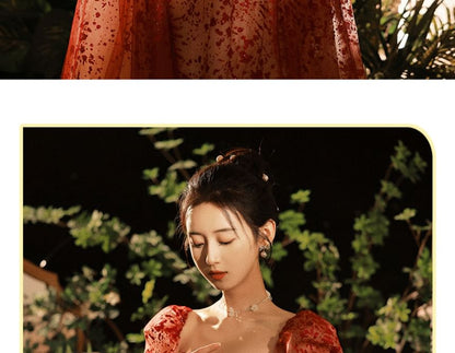 A-Line Gown Evening Puff-Sleeve Sequin Patterned