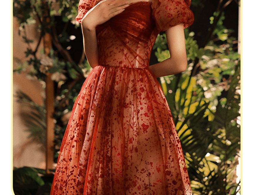 A-Line Gown Evening Puff-Sleeve Sequin Patterned