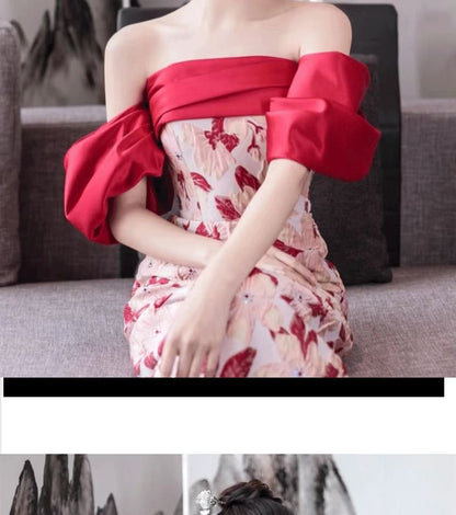 Off-Shoulder Floral Sheath Evening Gown