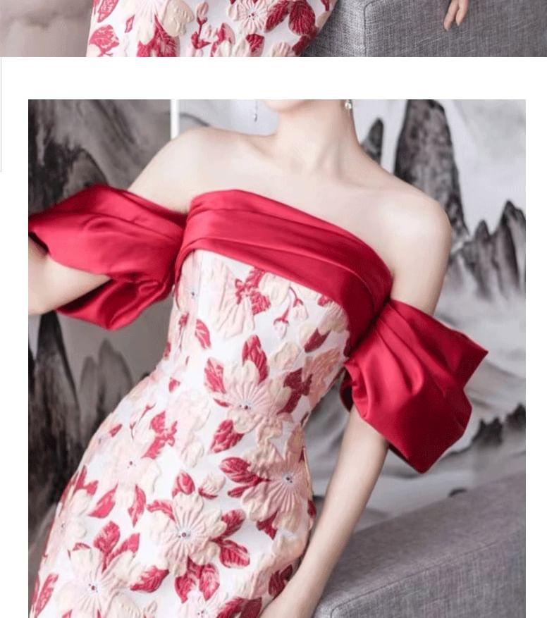 Off-Shoulder Floral Sheath Evening Gown