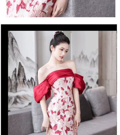 Off-Shoulder Floral Sheath Evening Gown