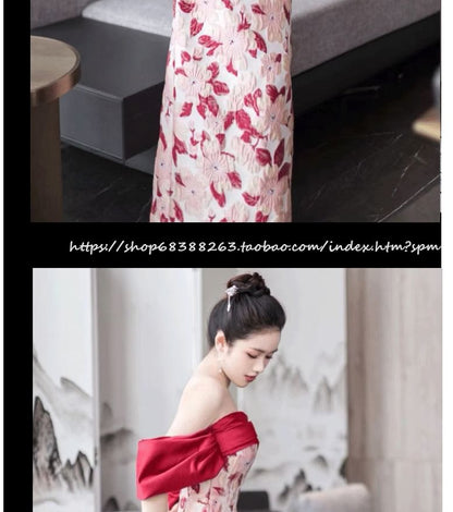 Off-Shoulder Floral Sheath Evening Gown