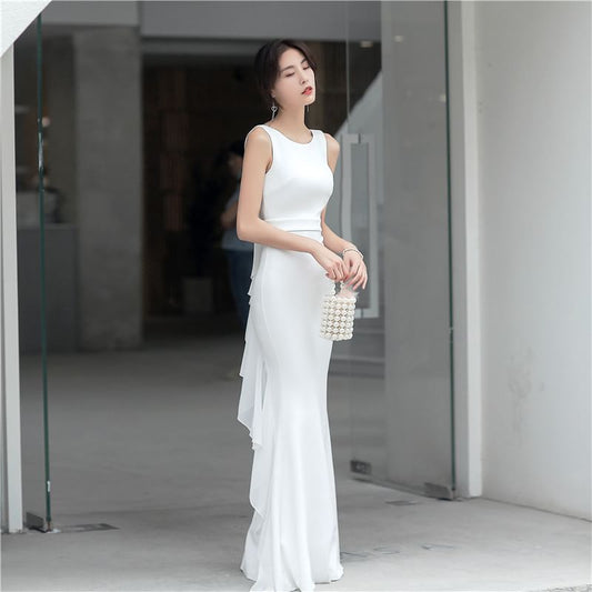 Sleeveless Plain Open Back Ruffle Mermaid Wedding Gown