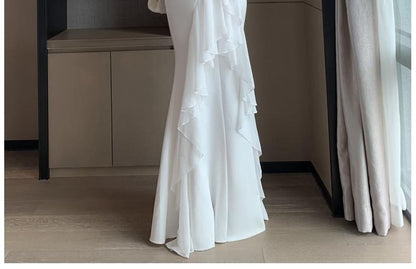 Sleeveless Plain Open Back Ruffle Mermaid Wedding Gown