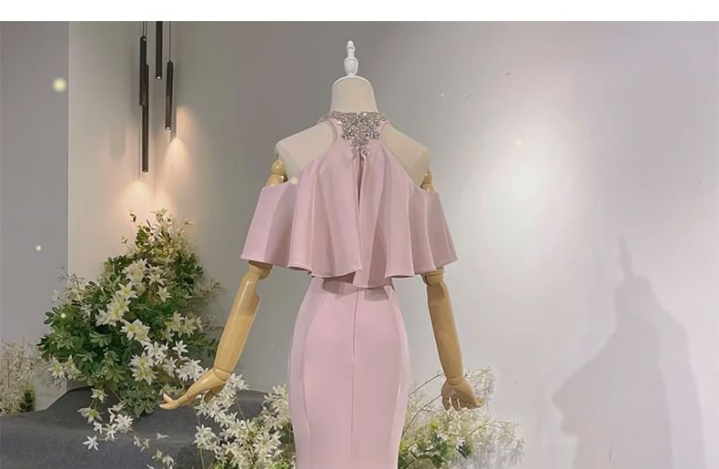 Off-Shoulder Plain Ruffle Mermaid Evening Gown