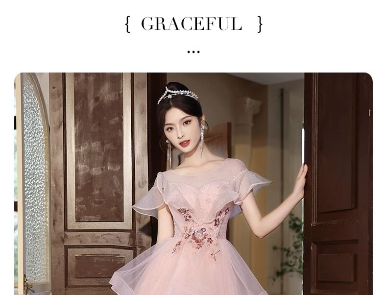 Sequin Gown Evening A-Line Floral Short-Sleeve Ruffle