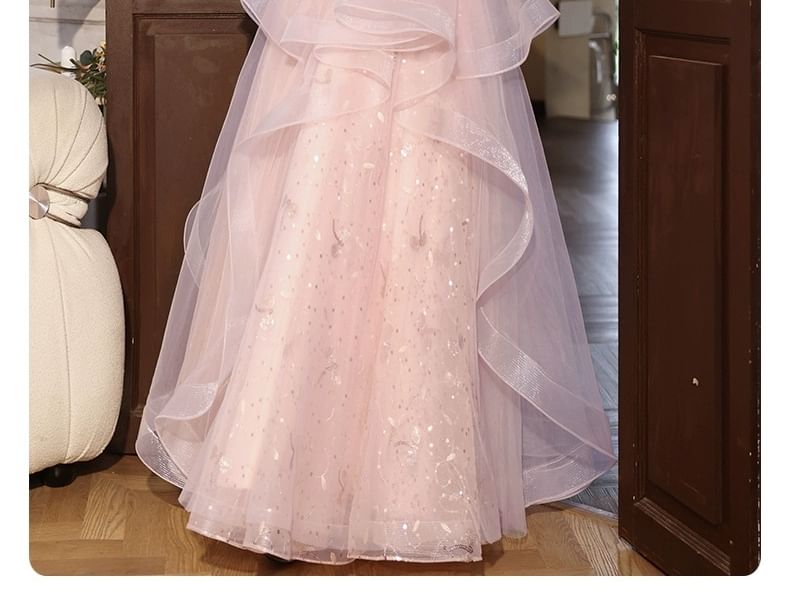 Sequin Gown Evening A-Line Floral Short-Sleeve Ruffle