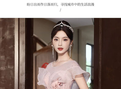 Sequin Gown Evening A-Line Floral Short-Sleeve Ruffle