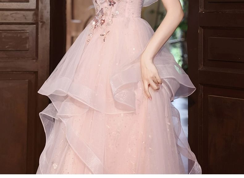 Sequin Gown Evening A-Line Floral Short-Sleeve Ruffle