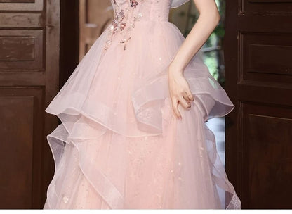 Sequin Gown Evening A-Line Floral Short-Sleeve Ruffle