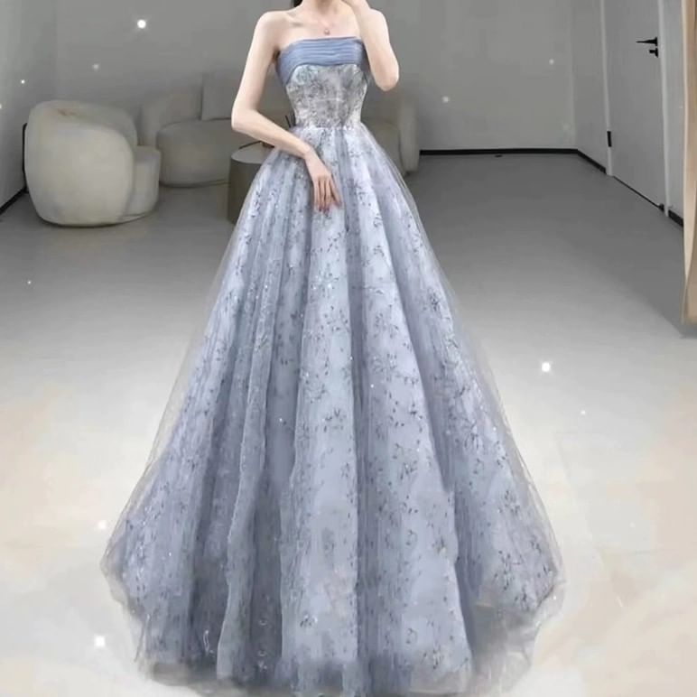 Strapless Floral A-Line Ball Gown