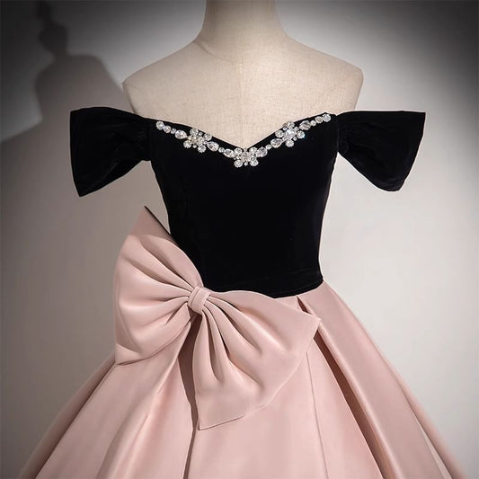 Off-Shoulder Two Tone Bow Rhinestone A-Line Ball Gown