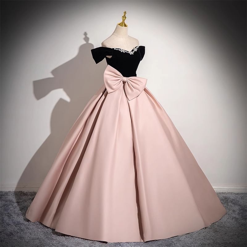 Off-Shoulder Two Tone Bow Rhinestone A-Line Ball Gown