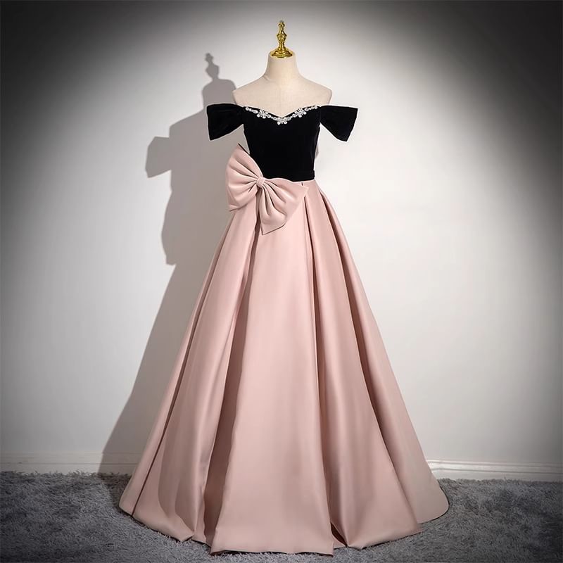 Rhinestone Off-Shoulder Ball Two A-Line Bow Tone Gown