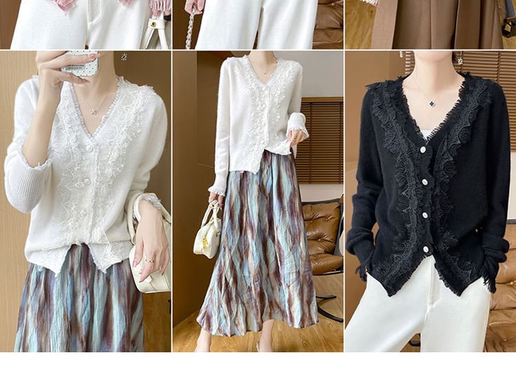 V-Neck Fringed Lace Trim Button Cardigan