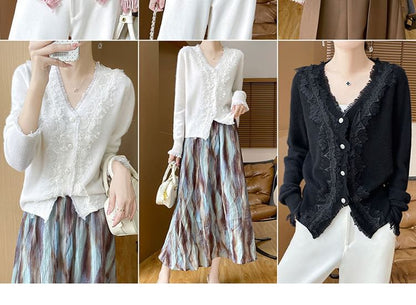 V-Neck Fringed Lace Trim Button Cardigan