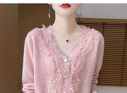 V-Neck Fringed Lace Trim Button Cardigan