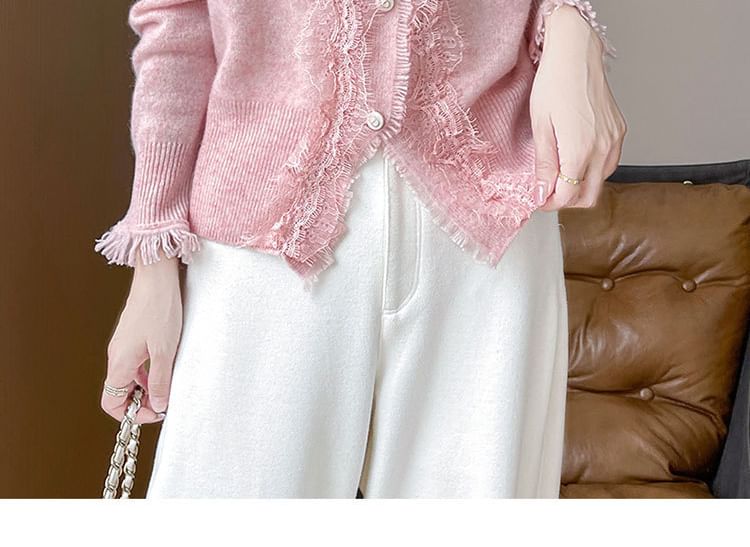 V-Neck Fringed Lace Trim Button Cardigan
