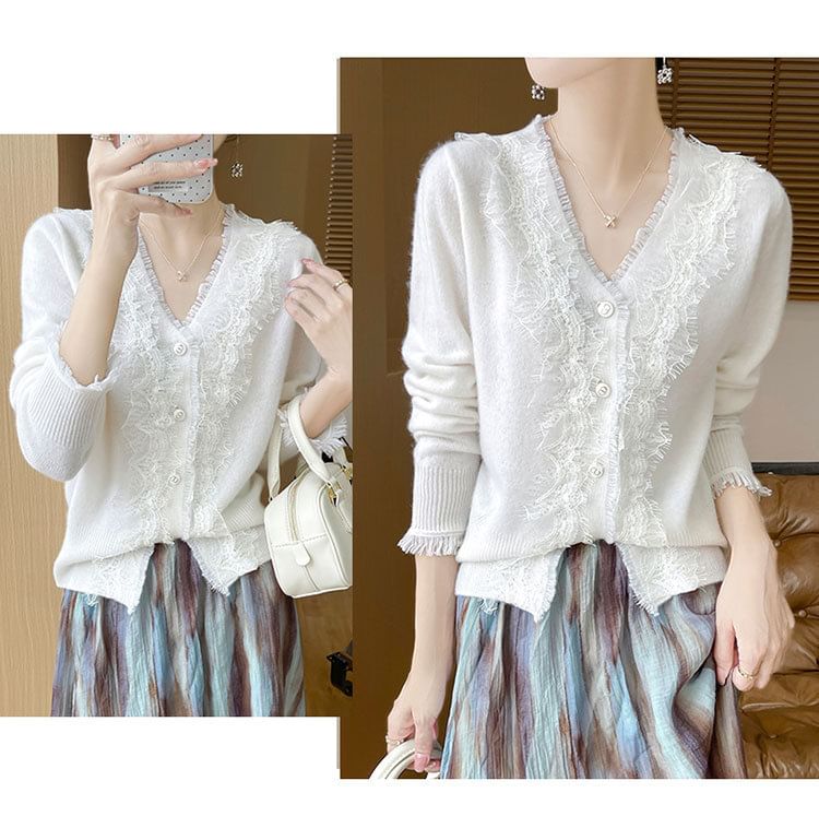 V-Neck Fringed Lace Trim Button Cardigan