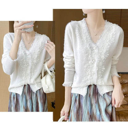 V-Neck Fringed Lace Trim Button Cardigan