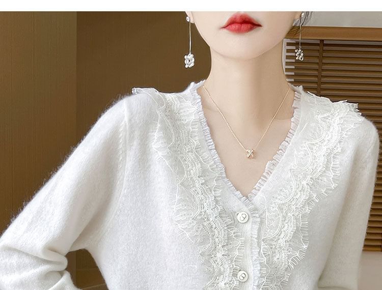 V-Neck Fringed Lace Trim Button Cardigan