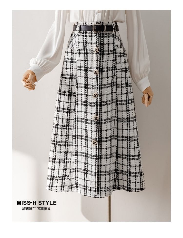 High-Rise Plaid Tweed Button Midi Flared Skirt