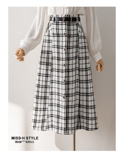 High-Rise Plaid Tweed Button Midi Flared Skirt