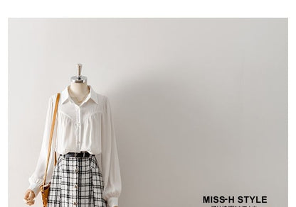 High-Rise Plaid Tweed Button Midi Flared Skirt