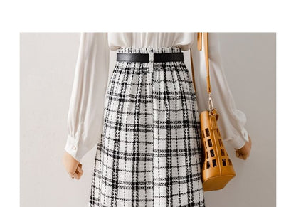 High-Rise Plaid Tweed Button Midi Flared Skirt