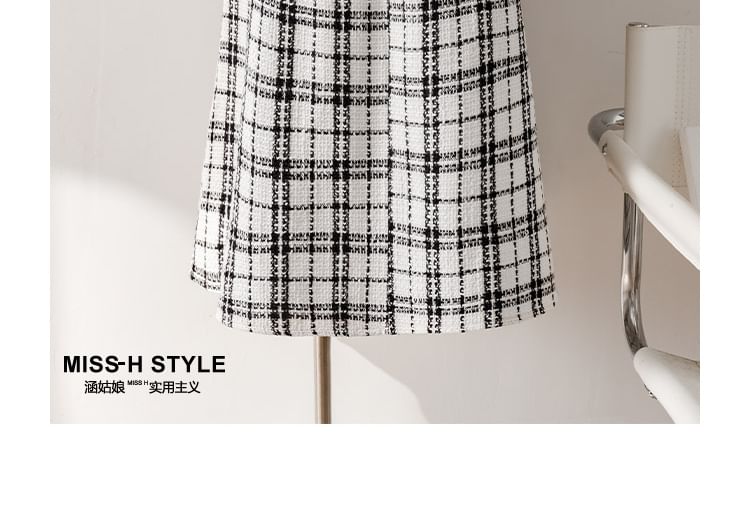 High-Rise Plaid Tweed Button Midi Flared Skirt
