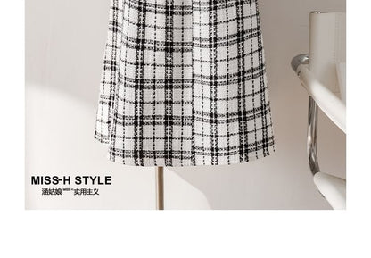 High-Rise Plaid Tweed Button Midi Flared Skirt