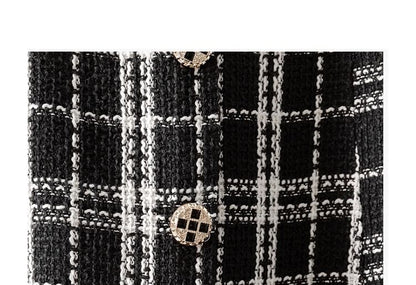 High-Rise Plaid Tweed Button Midi Flared Skirt