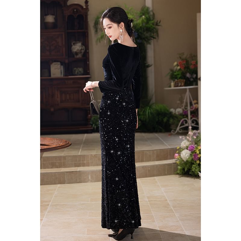 V-Neck Evening Long Mermaid Gown Sleeve Sequin Velvet