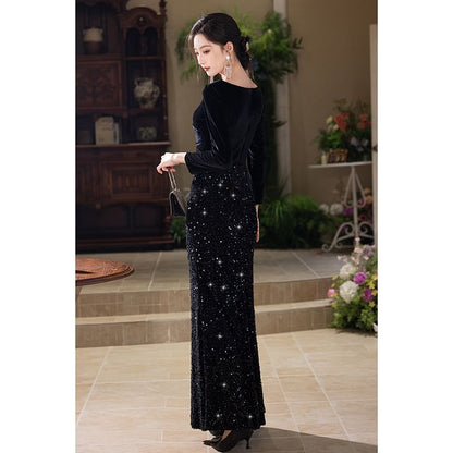 V-Neck Evening Long Mermaid Gown Sleeve Sequin Velvet