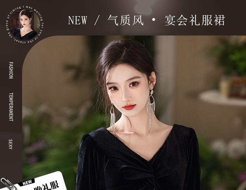 V-Neck Evening Long Mermaid Gown Sleeve Sequin Velvet