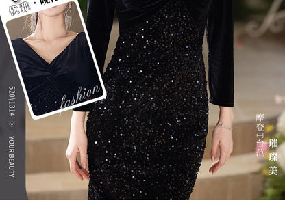 V-Neck Evening Long Mermaid Gown Sleeve Sequin Velvet