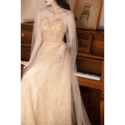 Spaghetti Strap V-Neck Floral A-Line Evening Gown / Sheer Panel Cape