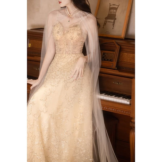 Spaghetti Strap V-Neck Floral A-Line Evening Gown / Sheer Panel Cape
