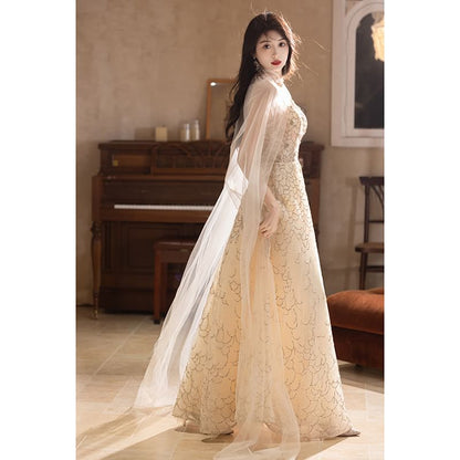 A-Line Strap Panel Gown / V-Neck Spaghetti Cape Evening Sheer Floral