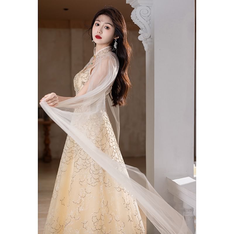 Spaghetti Strap V-Neck Floral A-Line Evening Gown / Sheer Panel Cape