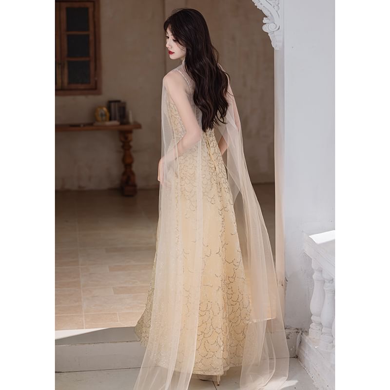 Spaghetti Strap V-Neck Floral A-Line Evening Gown / Sheer Panel Cape