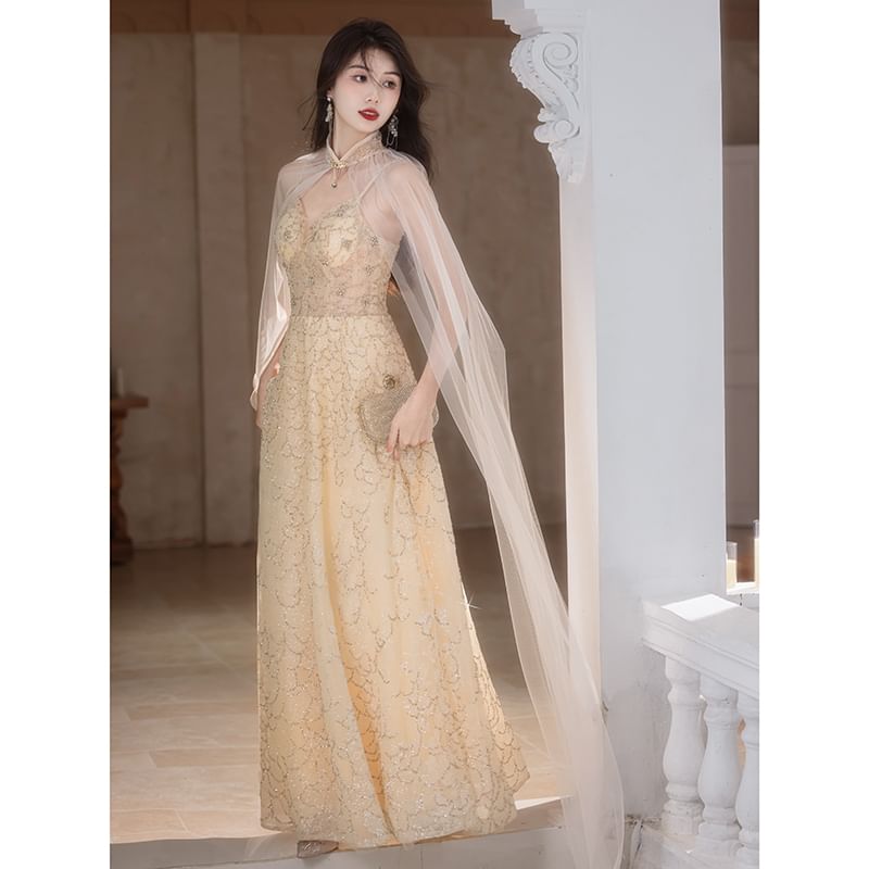 Spaghetti Strap V-Neck Floral A-Line Evening Gown / Sheer Panel Cape