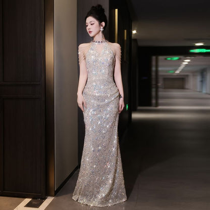 Sequin Gown Sheath Neck Halter Sleeveless Evening